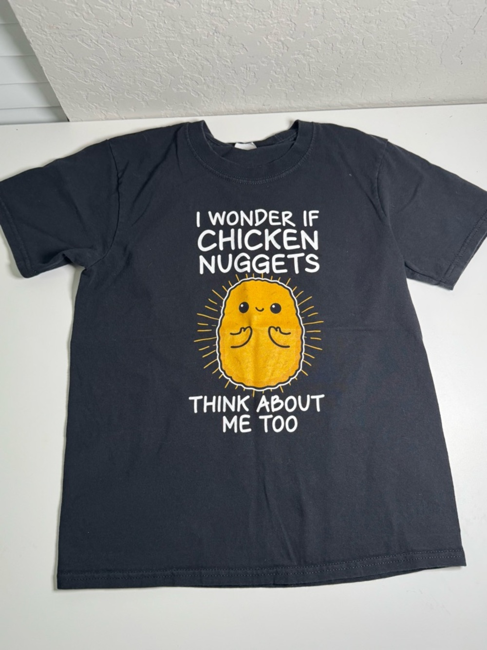 Kids Black Graphic Tee - "I Wonder If Chicken Nuggets Think About Me Too" medium